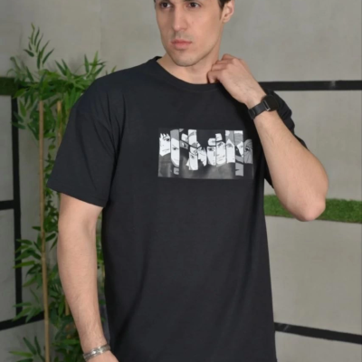 Bisiklet Yaka Baskılı Oversize T-Shirt - Siyah -