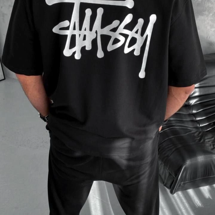 Bisiklet Yaka Baskılı Oversize T-Shirt - Siyah -