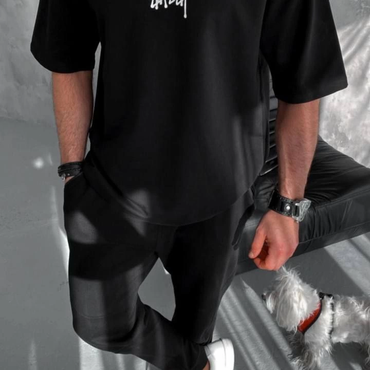 Bisiklet Yaka Baskılı Oversize T-Shirt - Siyah -