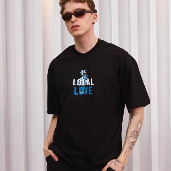 Bisiklet Yaka Baskılı Oversize T-Shirt - Siyah -