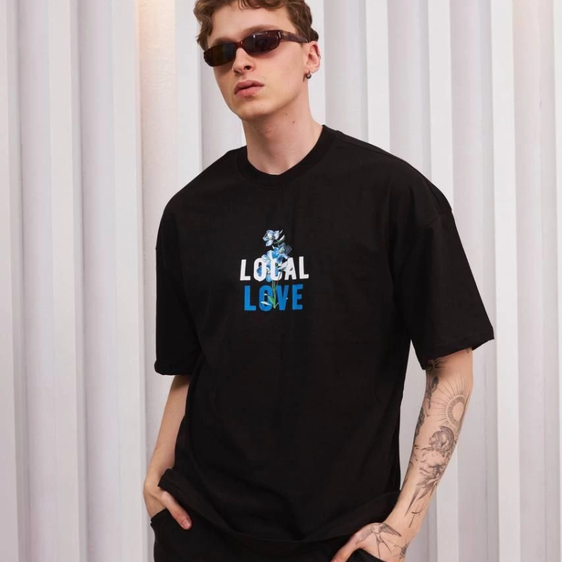 Bisiklet Yaka Baskılı Oversize T-Shirt - Siyah -