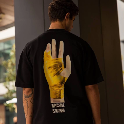 Bisiklet Yaka Baskılı Oversize T-Shirt - Siyah -