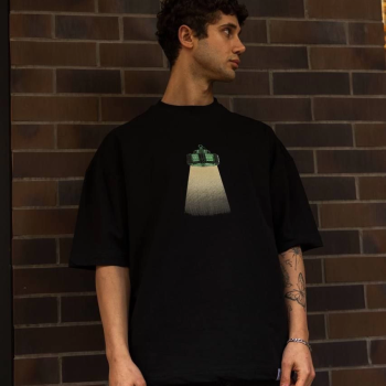 Bisiklet Yaka Baskılı Oversize T-Shirt - Siyah -