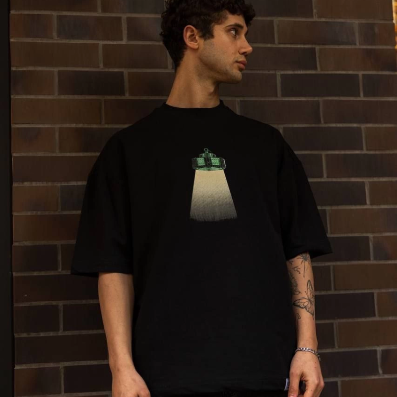 Bisiklet Yaka Baskılı Oversize T-Shirt - Siyah -