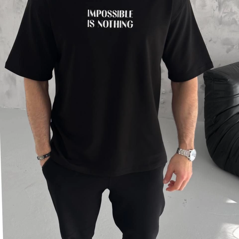 Bisiklet Yaka Baskılı Oversize T-Shirt - Siyah -