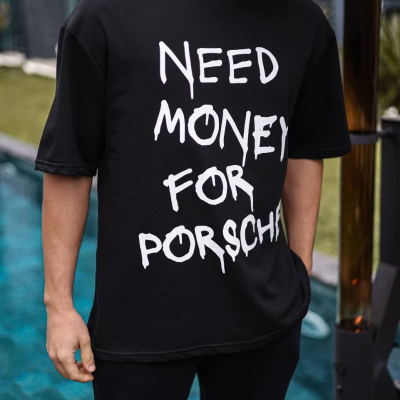 Bisiklet Yaka Baskılı Oversize T-Shirt - Siyah