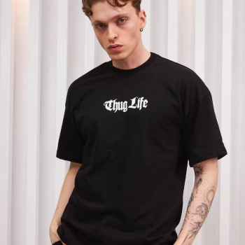 Bisiklet Yaka Baskılı Oversize T-Shirt - Siyah -