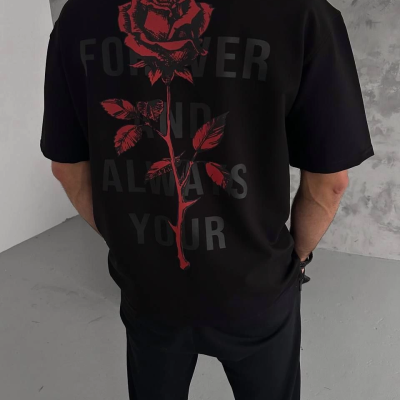 Bisiklet Yaka Baskılı Oversize T-Shirt - Siyah -