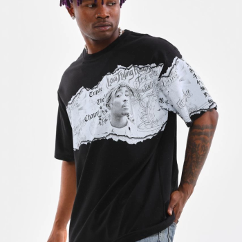 Bisiklet Yaka Baskılı Oversize T-Shirt - Siyah -