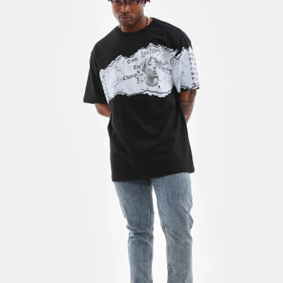 Bisiklet Yaka Baskılı Oversize T-Shirt - Siyah -