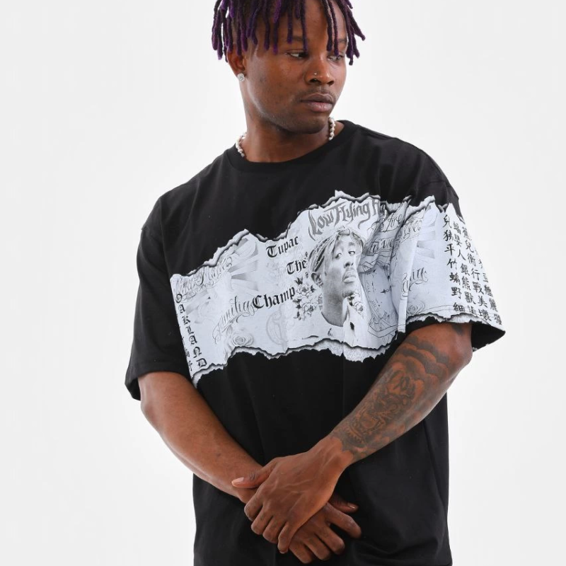 Bisiklet Yaka Baskılı Oversize T-Shirt - Siyah -