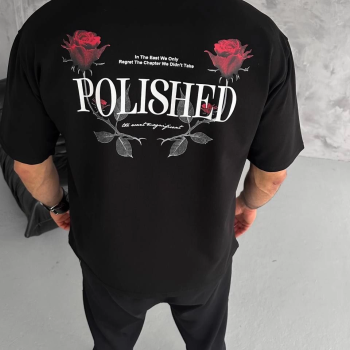 Bisiklet Yaka Baskılı Oversize T-Shirt - Siyah