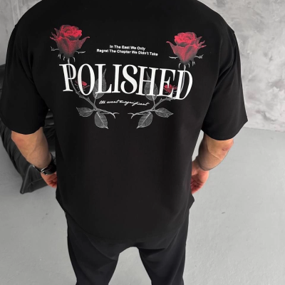 Bisiklet Yaka Baskılı Oversize T-Shirt - Siyah