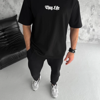 Bisiklet Yaka Baskılı Oversize T-Shirt - Siyah -