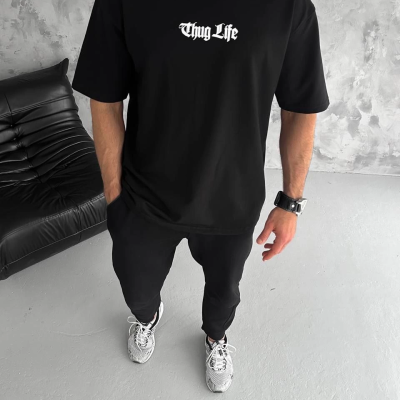 Bisiklet Yaka Baskılı Oversize T-Shirt - Siyah -