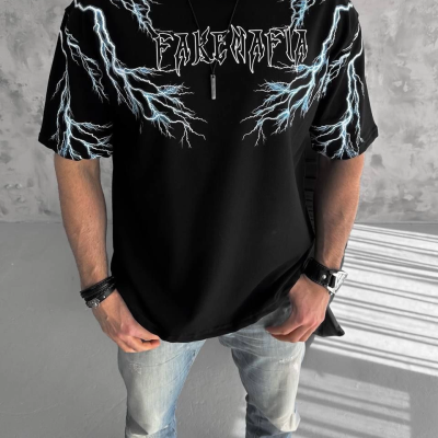 Bisiklet Yaka Baskılı Oversize T-Shirt-Siyah