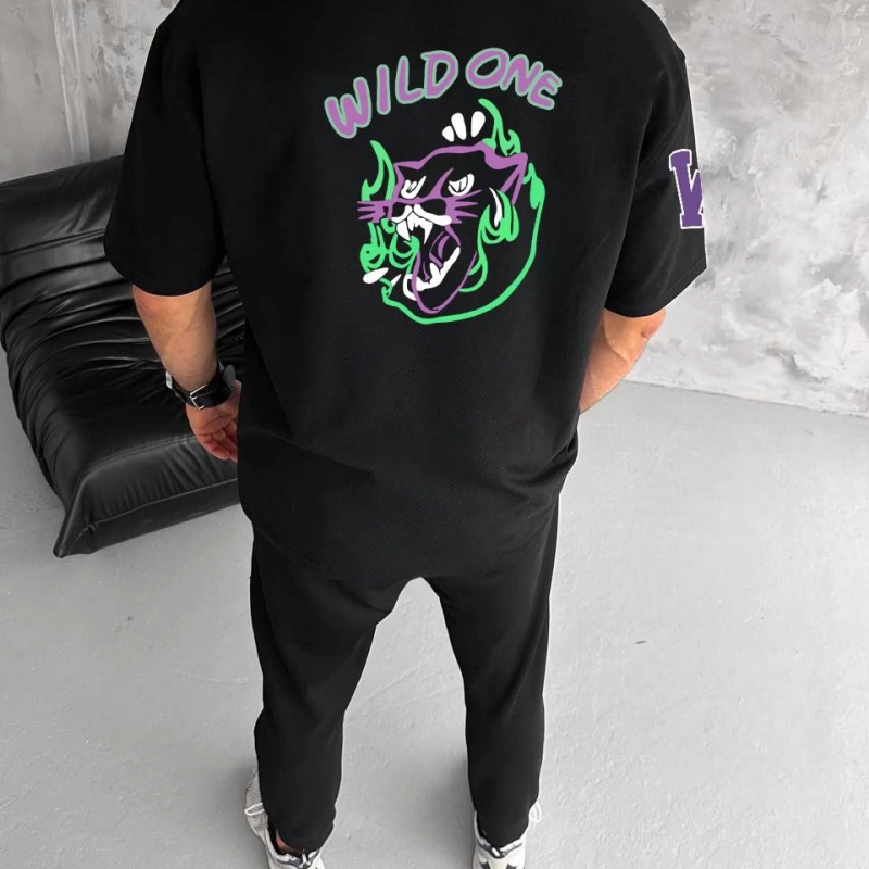 Bisiklet Yaka Baskılı Oversize T-Shirt - Siyah