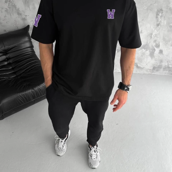 Bisiklet Yaka Baskılı Oversize T-Shirt - Siyah