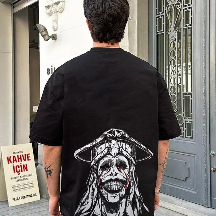 Bisiklet Yaka Baskılı Oversize T-Shirt - Siyah -