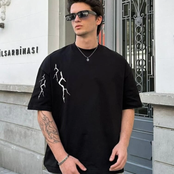 Bisiklet Yaka Baskılı Oversize T-Shirt - Siyah -