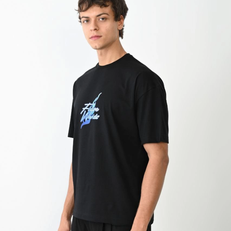 Bisiklet Yaka Baskılı Oversize T-Shirt - Siyah -