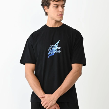 Bisiklet Yaka Baskılı Oversize T-Shirt - Siyah -