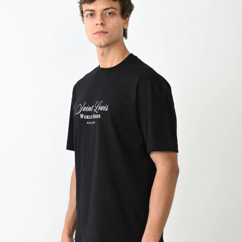 Bisiklet Yaka Baskılı Oversize T-Shirt - Siyah -