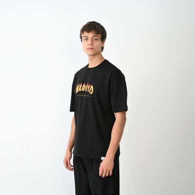 Bisiklet Yaka Baskılı Oversize T-Shirt - Siyah -