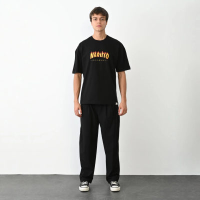 Bisiklet Yaka Baskılı Oversize T-Shirt - Siyah -