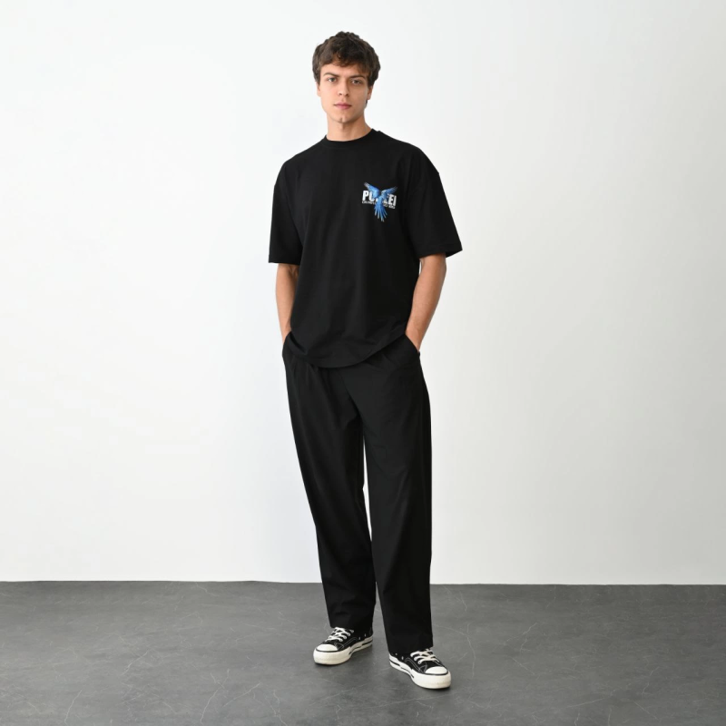 Bisiklet Yaka Baskılı Oversize T-Shirt - Siyah -