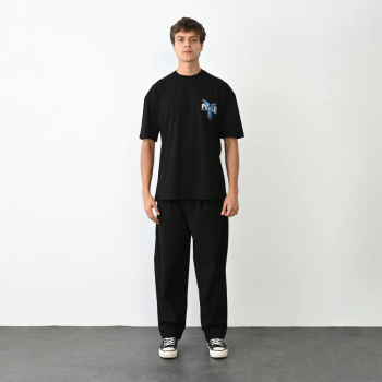 Bisiklet Yaka Baskılı Oversize T-Shirt - Siyah -