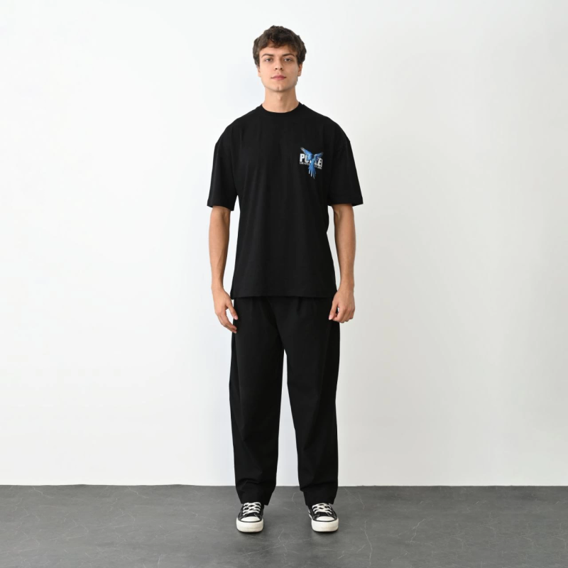 Bisiklet Yaka Baskılı Oversize T-Shirt - Siyah -