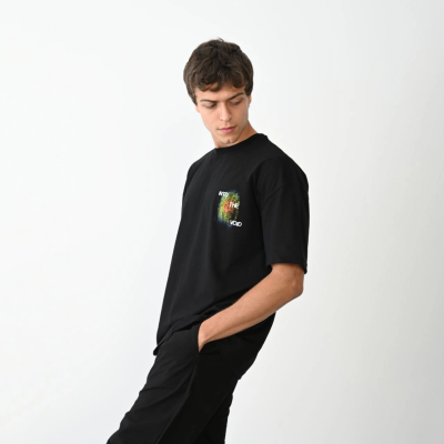 Bisiklet Yaka Baskılı Oversize T-Shirt - Siyah -