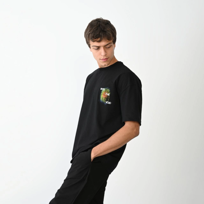 Bisiklet Yaka Baskılı Oversize T-Shirt - Siyah -