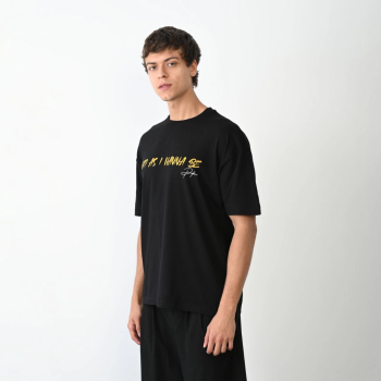 Bisiklet Yaka Baskılı Oversize T-Shirt - Siyah -