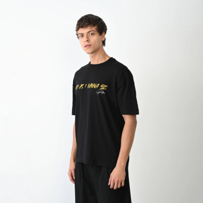 Bisiklet Yaka Baskılı Oversize T-Shirt - Siyah -