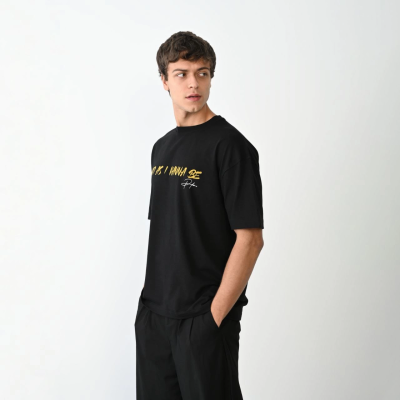 Bisiklet Yaka Baskılı Oversize T-Shirt - Siyah -