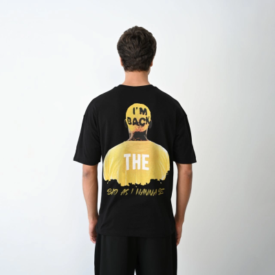 Bisiklet Yaka Baskılı Oversize T-Shirt - Siyah -