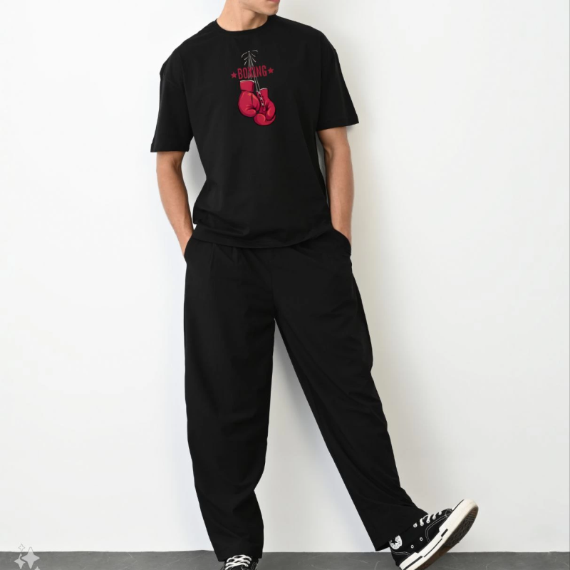 Bisiklet Yaka Baskılı Oversize T-Shirt - Siyah -