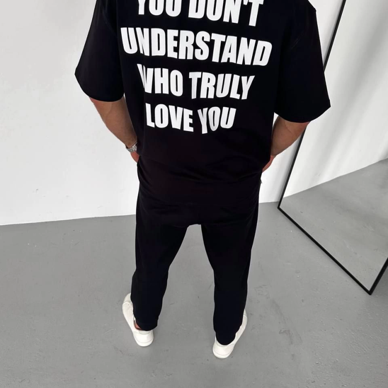 Bisiklet Yaka Baskılı Oversize T-Shirt - Siyah -