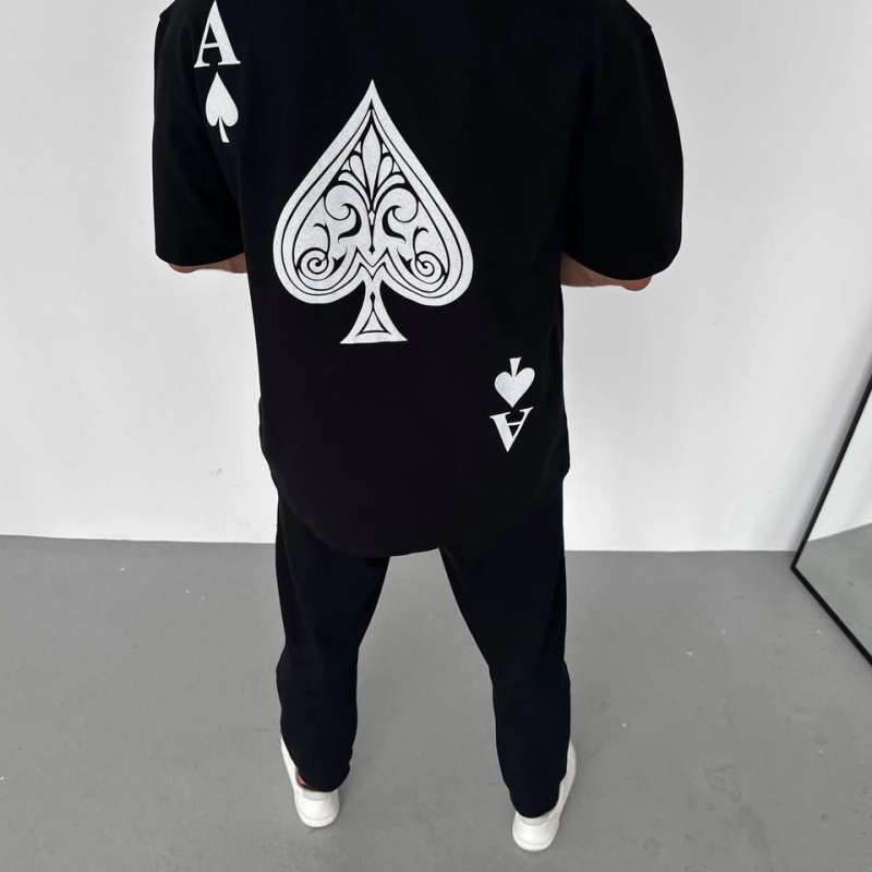 Bisiklet Yaka Baskılı Oversize T-Shirt - Siyah