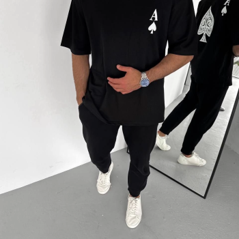 Bisiklet Yaka Baskılı Oversize T-Shirt - Siyah