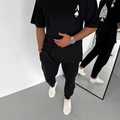 Bisiklet Yaka Baskılı Oversize T-Shirt - Siyah