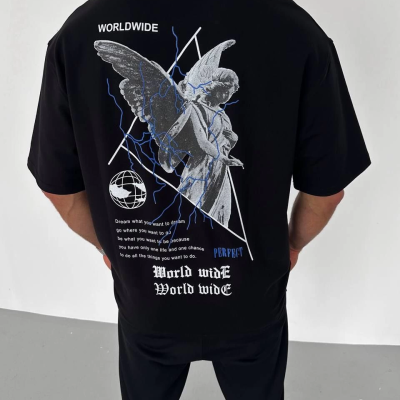 Bisiklet Yaka Baskılı Oversize T-Shirt - Siyah -