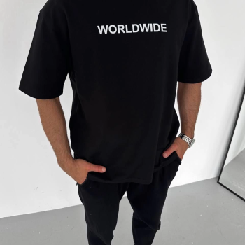 Bisiklet Yaka Baskılı Oversize T-Shirt - Siyah -