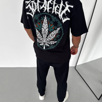 Bisiklet Yaka Baskılı Oversize T-Shirt - Siyah -