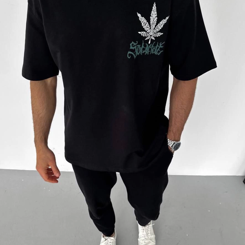 Bisiklet Yaka Baskılı Oversize T-Shirt - Siyah -