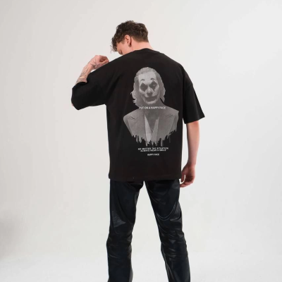 Bisiklet Yaka Baskılı Oversize T-Shirt - Siyah -