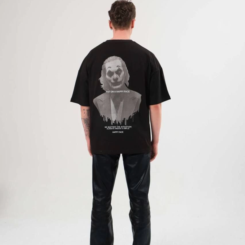 Bisiklet Yaka Baskılı Oversize T-Shirt - Siyah -