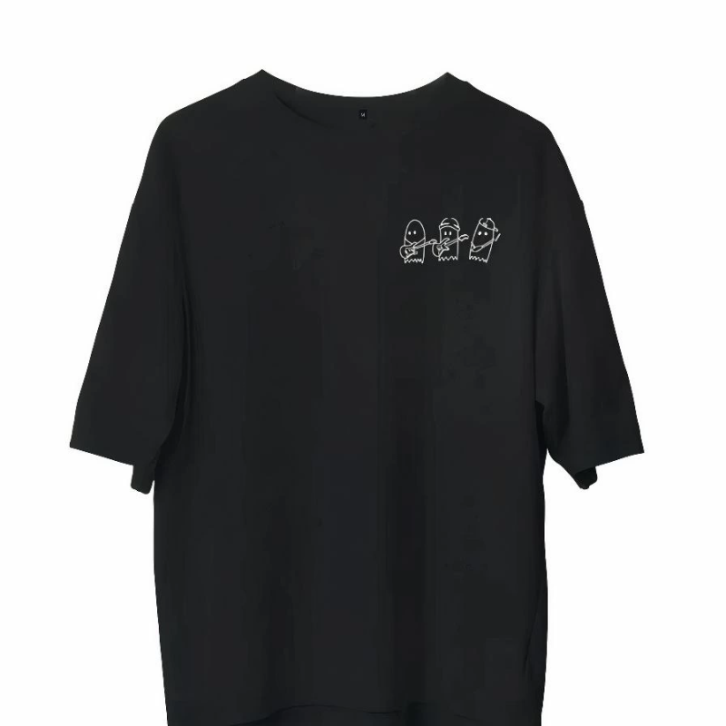 Bisiklet Yaka Baskılı Oversize T-Shirt - Siyah -